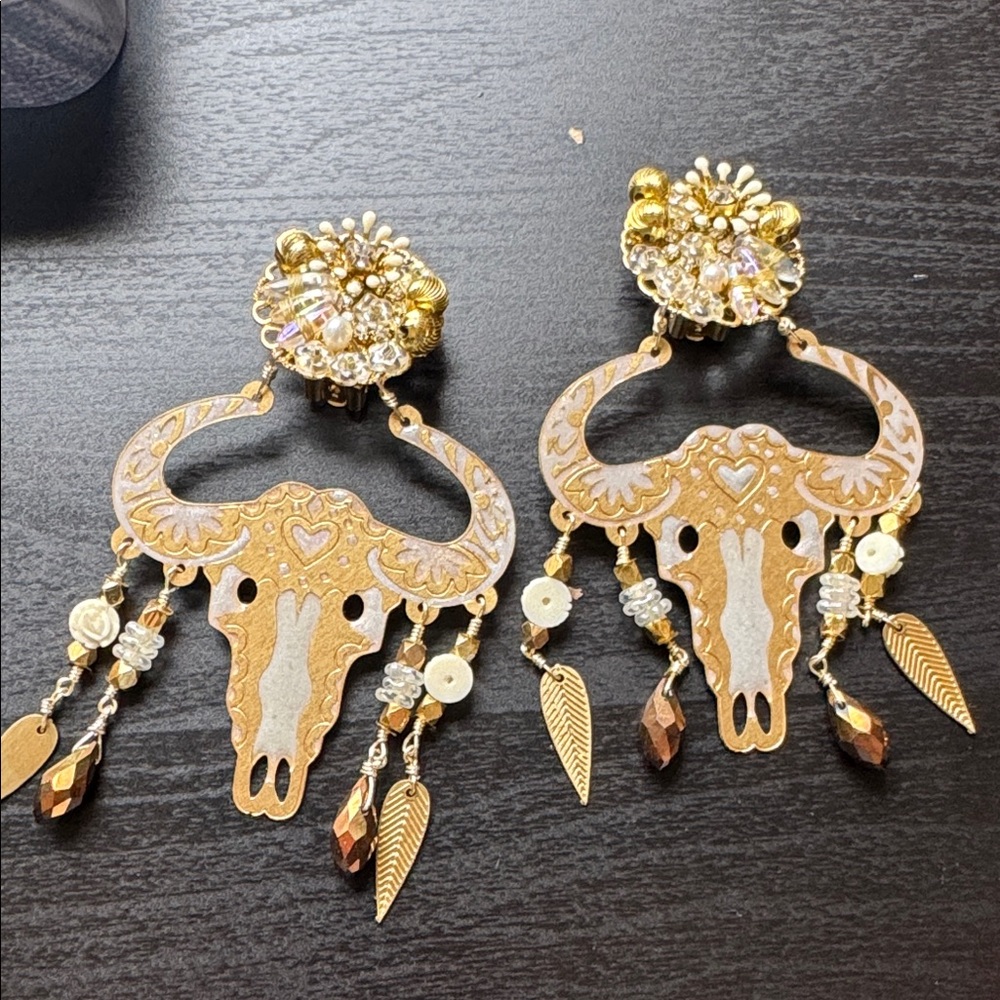 Gold and Brown Boho Skull Earrings